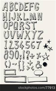 Illustration of a set of hand drawn sketched and doodled ABC alphabet letters and numbers with font characters also containing other orthographic symbols, speech bubbles and frame isolated on white. Doodle Complete Alphabet Set