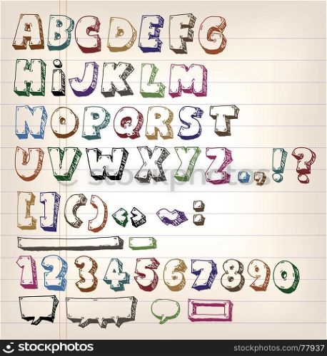 Illustration of a set of hand drawn sketched and doodled ABC letters and font characters also containing dollar and euro currency symbols. Doodle Vintage ABC Elements