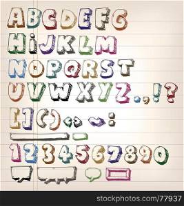 Illustration of a set of hand drawn sketched and doodled ABC letters and font characters also containing dollar and euro currency symbols. Doodle Vintage ABC Elements