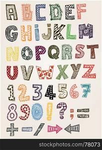 Illustration of a set of hand drawn sketched and doodled kids ABC letters and font characters, in childish style also containing dollar and euro currency symbols. Doodle Fancy ABC Alphabet