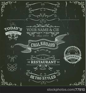 Illustration of a set of hand drawn sketched banners, ribbons for food, restaurant and beverage design elements on chalkboard background. Hand Drawn Banners And Ribbons On Chalkboard