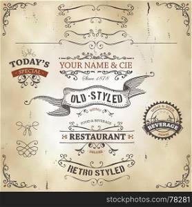 Illustration of a set of hand drawn sketched banners, ribbons for food, restaurant and beverage design elements on western leather background. Hand Drawn Western Banners And Ribbons