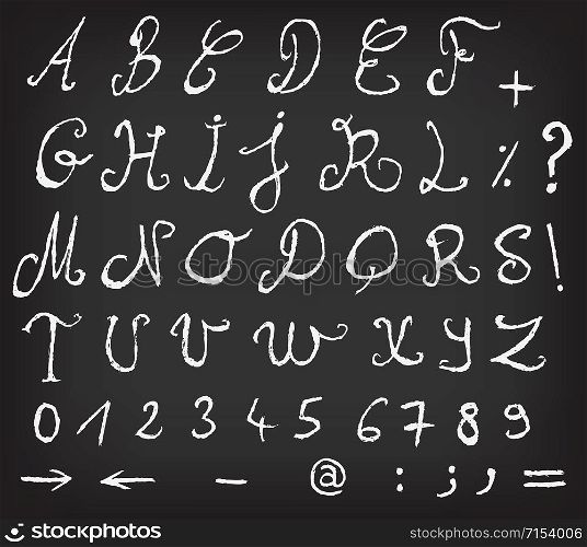 Illustration of a set of hand drawn sketched white ABC alphabet letters and numbers with font characters also containing other orthographic symbols. Hand Drawn Alphabet On School Chalkboard
