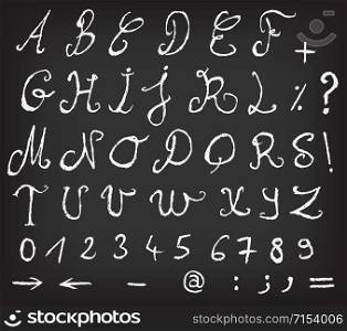 Illustration of a set of hand drawn sketched white ABC alphabet letters and numbers with font characters also containing other orthographic symbols. Hand Drawn Alphabet On School Chalkboard