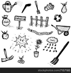 Illustration of a set of hand drawn spring or summer garden and green ecological icons elements, including tools, plants and flowers. Doodle Set Of Gardening And Green Elements