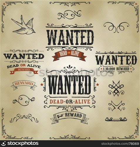 Illustration of a set of hand drawn vintage old wanted, dead or alive, reward western movie placard banners, with sketched floral patterns, ribbons, and far west design elements on striped background. Wanted Vintage Western Banners