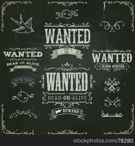 Illustration of a set of hand drawn vintage old wanted, dead or alive, reward western movie placard banners, with sketched floral patterns, on slate chalkboard background. Wanted Vintage Western Banners On Chalkboard