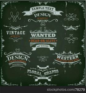 Illustration of a set of hand drawn western like sketched banners, floral patterns, ribbons, and far west design elements on vintage striped background. Hand Drawn Western Banners And Ribbons