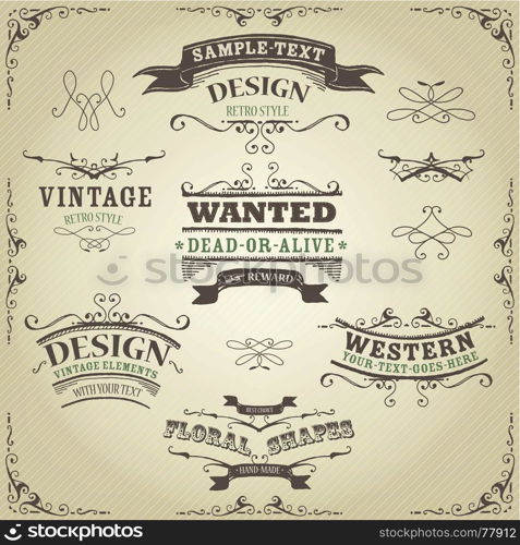 Illustration of a set of hand drawn western like sketched banners, ribbons, and far west design elements on vintage striped background. Hand Drawn Western Banners And Ribbons