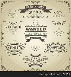 Illustration of a set of hand drawn western like sketched banners, ribbons, and far west design elements on vintage striped background. Hand Drawn Western Banners And Ribbons