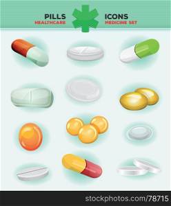 Illustration of a set of medical pills, capsules, vitamin and tablets icons for healthcare and medicine ads. Pills, Capsules And Medicine Tablet Icons