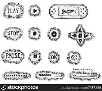 Illustration of a set of sketched hand drawn game user interface icons, with play, pause and stop buttons, load and download bar. Doodle Game Ui Icons And elements