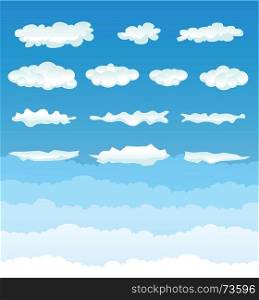 Illustration of a set of various cartoon clouds and cloudscape on a blue sky gradient background. Clouds Collection
