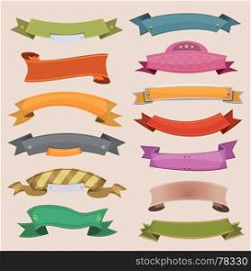 Illustration of a set of various cartoon colored banners, origami, ribbons, swirls and scrolls to use as ornaments. Cartoon Banners And Ribbons