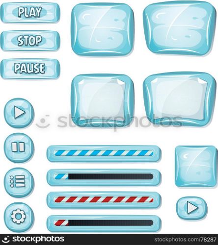 Illustration of a set of various cartoon design ui ice glossy elements including banners, signs, buttons, load bar and app icon background for tablet pc. Cartoon Icy Elements For Ui Game