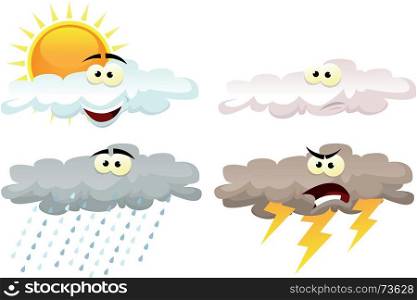Illustration of a set of various cartoon funny weather symbol icons characters with shining sun, clouds characters, rain and thunder for every season. Weather Icons Characters