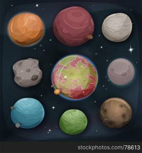 Illustration of a set of various comic planets, moons, asteroid and earth globes on scifi starry space background. Comic Planets Set On Space Background