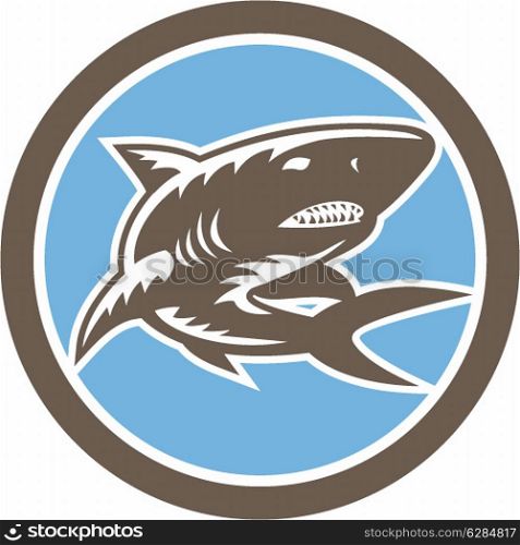 Illustration of a shark swimming set inside circle on isolated background done in retro woodcut style.. Shark Swimming Up Woodcut Retro