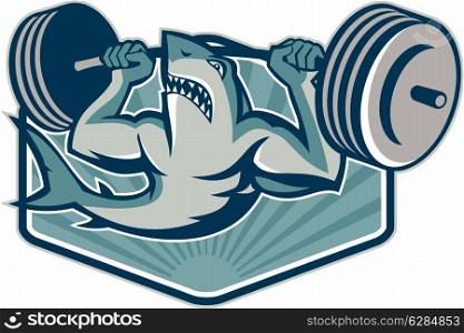 Illustration of a shark weightlifter lifting weights barbell viewed from front done in retro style.. Shark Weightlifter Lifting Weights Mascot