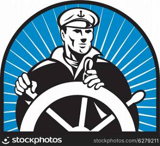 illustration of a ship captain helmsman sailor at the helm steering wheel facing front with sunburst in background. ship captain helmsman steering wheel