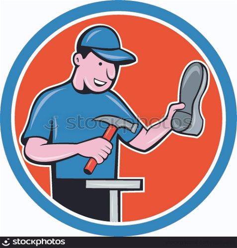 Illustration of a shoemaker cobbler shoe repair with hammer and shoe working set inside circle on isolated background done in cartoon style.. Shoemaker With Hammer Shoe Cartoon
