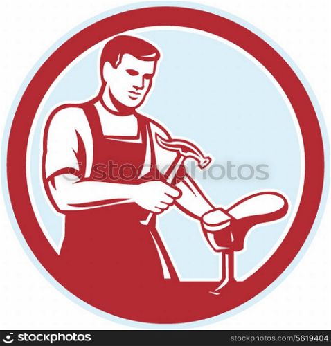 Illustration of a shoemaker cobbler shoe repair with hammer and shoe working set inside circle on isolated white background done in retro style.. Shoemaker With Hammer Shoe Circle Retro