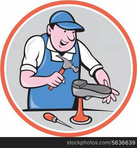 Illustration of a shoemaker cobbler shoe repair with hammer and shoe working set inside circle on isolated background done in cartoon style.. Shoemaker With Hammer Shoe Circle Cartoon