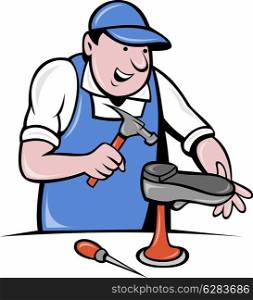 illustration of a shoemaker , cobbler shoe repair working on isolated background done in cartoon style.