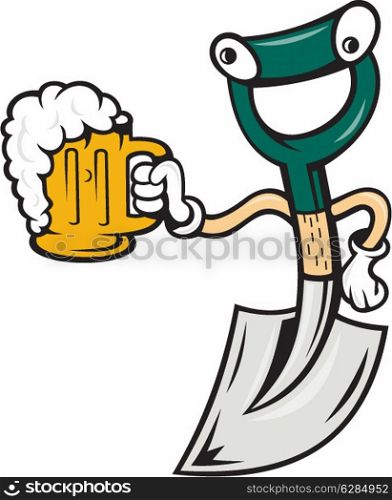 Illustration of a shovel holding beer mug on isolated background done in cartoon style.. Shovel Holding Beer Mug Cartoon