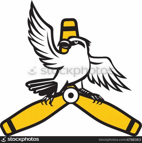 Illustration of a shrike, a carnivorous passerine birds of the family Laniidae perching on a propeller blade looking to the side with spread wings viewed from front set on isolated white background done in retro style.