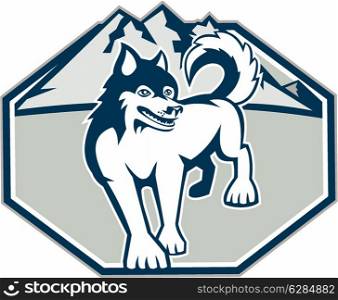 Illustration of a Siberian Husky dog with mountains in background set inside octagon shape on white background done in retro style.. Siberian Husky Dog Mountain Retro