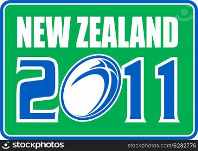 "illustration of a sign, symbol showing a rugby ball with words "new zealand 2011" set inside a rectangle."
