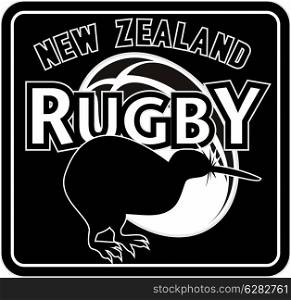 "illustration of a silhouette of a kiwi bird with ball and words " new zealand rugby " set inside a square format in all black"