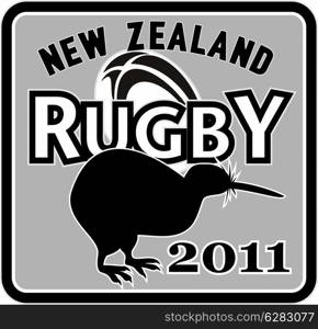 "illustration of a silhouette of a kiwi bird with ball and words " new zealand rugby 2011" set inside a square format"
