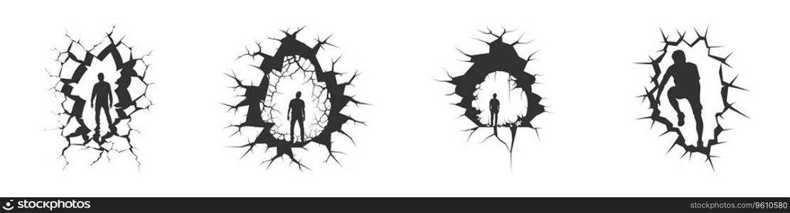 Illustration of a silhouette of a man through a hole in the wall. Vector illustration.