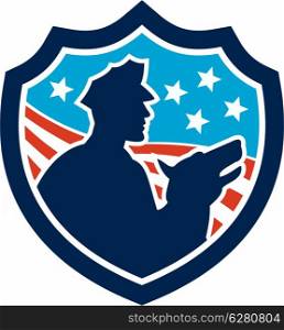 Illustration of a silhouette of a policeman security guard with police dog with American stars and stripes set inside shield done in retro style.. American Security Guard With Police Dog Shield