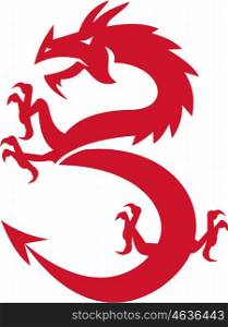 Illustration of a silhouette of a red dragon prancing viewed from the side set on isolated white background done in retro style. . Red Dragon Prancing Silhouette Retro