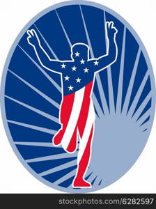 illustration of a silhouette of American stars and stripes flag Marathon runner flashing victory hand sign done in retro style with sunburst set inside oval&#xA;