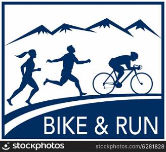 illustration of a silhouette of marathon runner and cyclist race with mountains and words bike and run done in retro style&#xA;