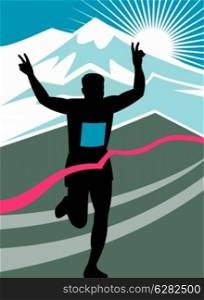 illustration of a silhouette of Marathon runner flashing victory hand sign done in retro style with mountains and sunburst and finish line ribbon tape. marathon runner finish line