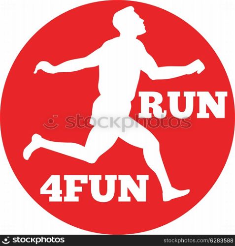 illustration of a silhouette of Marathon runner running race set inside circle done in retro style words run 4fun . marathon runner run 4fun race