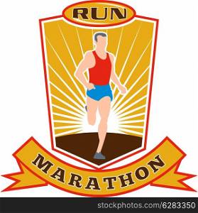 illustration of a silhouette of Marathon runner running race sunburst and set inside shield done in retro style words run marathon. marathon runner run race shield