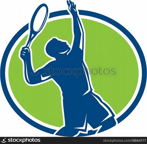 Illustration of a silhouette tennis player holding racquet serving set inside oval shape on isolated background done in retro style. . Tennis Player Racquet Serving Oval Retro
