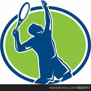 Illustration of a silhouette tennis player holding racquet serving set inside oval shape on isolated background done in retro style. . Tennis Player Racquet Serving Oval Retro