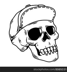 Illustration of a skull in skateboarder cap. Design element for poster, card, banner, sign. Vector illustration