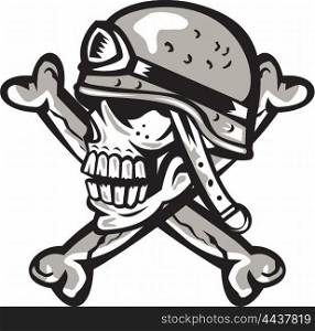 Illustration of a skull looking to the side wearing a military helmet viewed from the side with crossed bones at back set on isolated white background done in retro style. . Skull Military Helmet Crossed Bones Retro