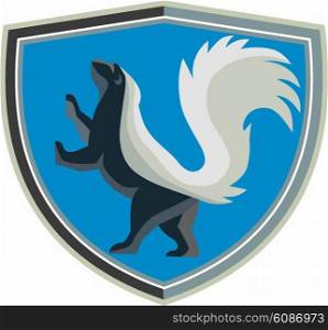 Illustration of a skunk prancing viewed from the side set inside shield crest set on isolated background done in retro style. . Skunk Prancing Side Crest Retro