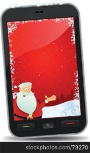 Illustration of a smartphone screen with christmas wallpaper inside and Santa Claus character showing advertisement banner. Christmas Smartphone Wallpaper