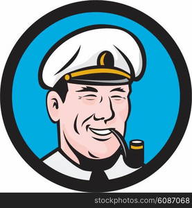 Illustration of a smiling sea captain, shipmaster, skipper, mariner wearing hat cap smoking smoke pipe set inside circle viewed from front done in retro style.