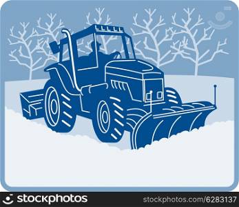 illustration of a Snow plow tractor plowing winter scene. Snow plow tractor plowing winter scene